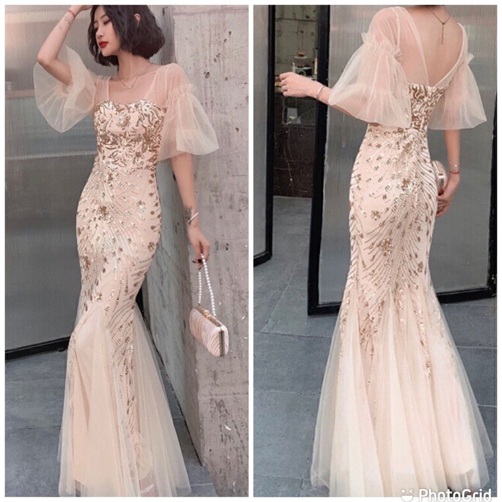 Tulle Flared Sleeve Evening Party Dress Elegant Mermaid gown dress Sz- Medium